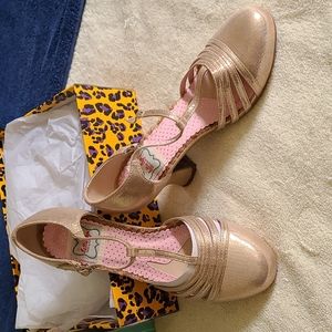 Bettie Page rose gold t strap shoes